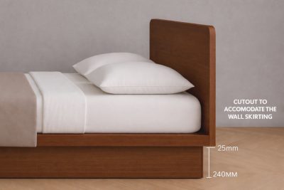 Storage bed frame side profile with clean floating design in walnut